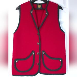Vtg LANAMODEN SALZBURG 100% Wool Austrian Vest Red Green Trachten Gilet M/L